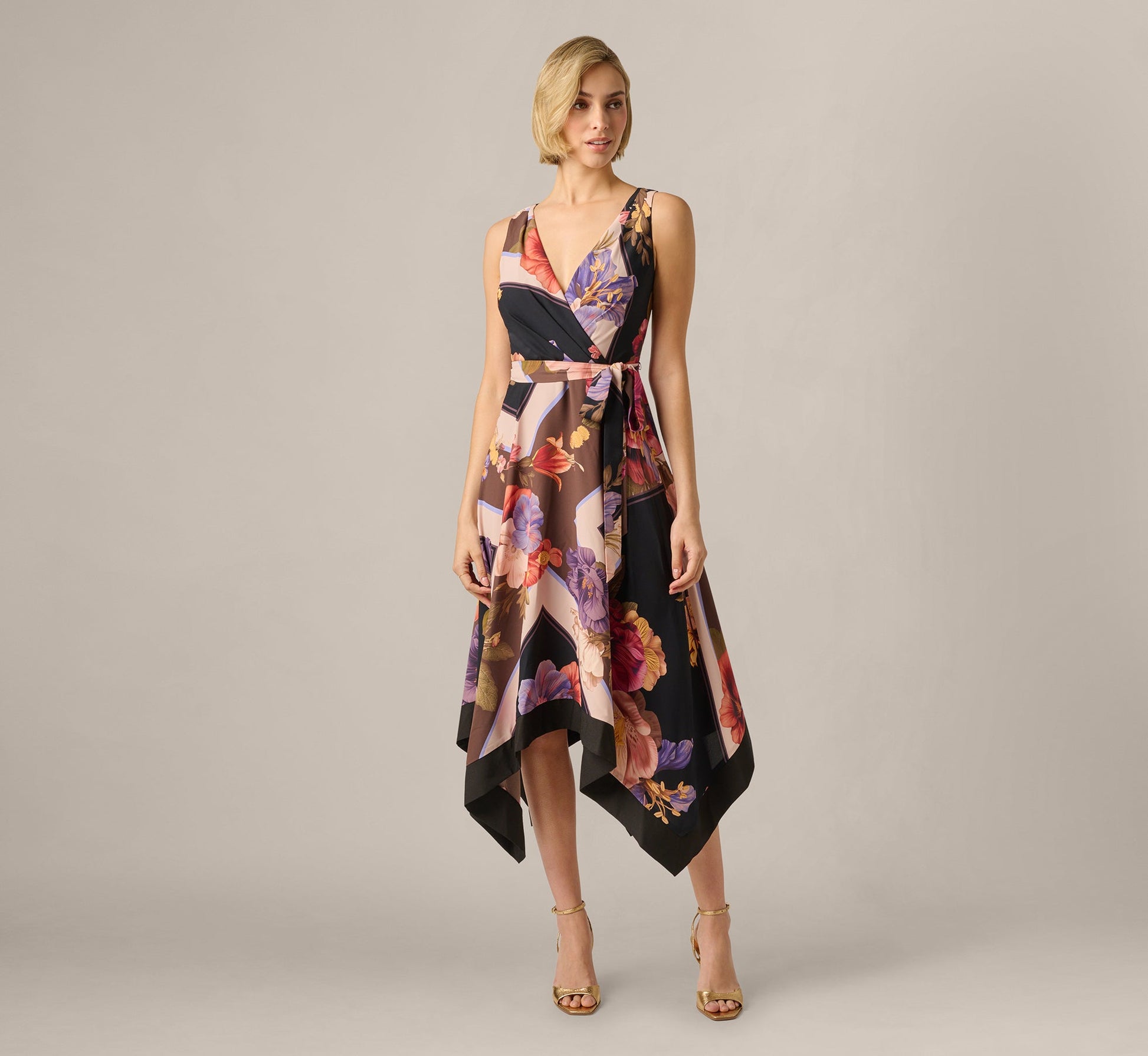 Black Multi Iris Floral Handkerchief Midi Dress