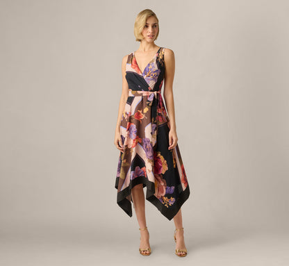 Black Multi Iris Floral Handkerchief Midi Dress
