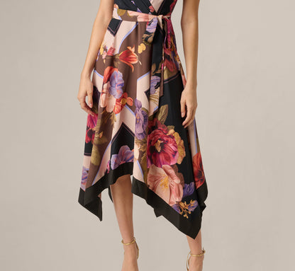 Black Multi Iris Floral Handkerchief Midi Dress