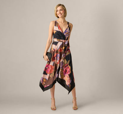 Black Multi Iris Floral Handkerchief Midi Dress