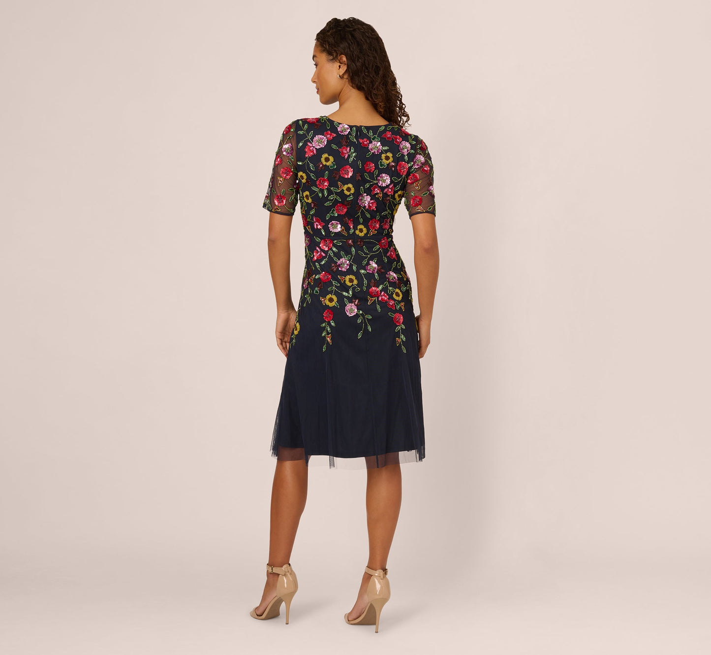 Navy Multi Adrianna Beaded Floral Midi Dress