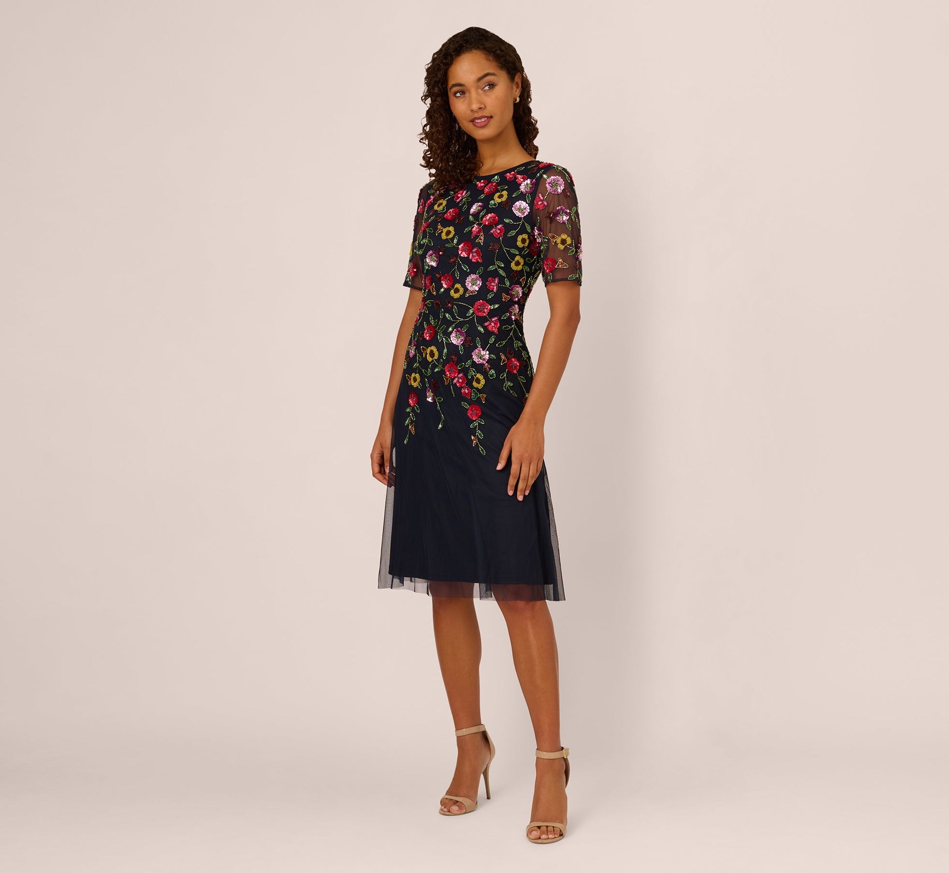 Navy Multi Adrianna Beaded Floral Midi Dress
