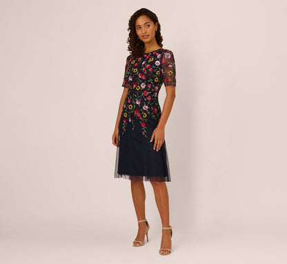 Navy Multi Adrianna Beaded Floral Midi Dress