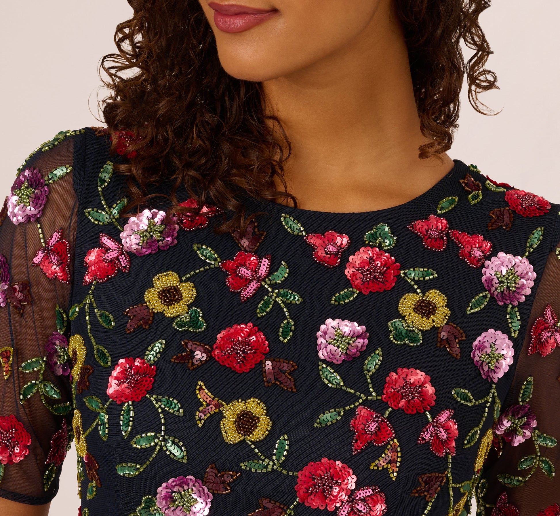 Navy Multi Adrianna Beaded Floral Midi Dress