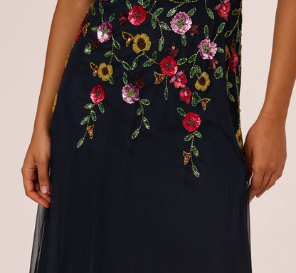 Navy Multi Adrianna Beaded Floral Midi Dress