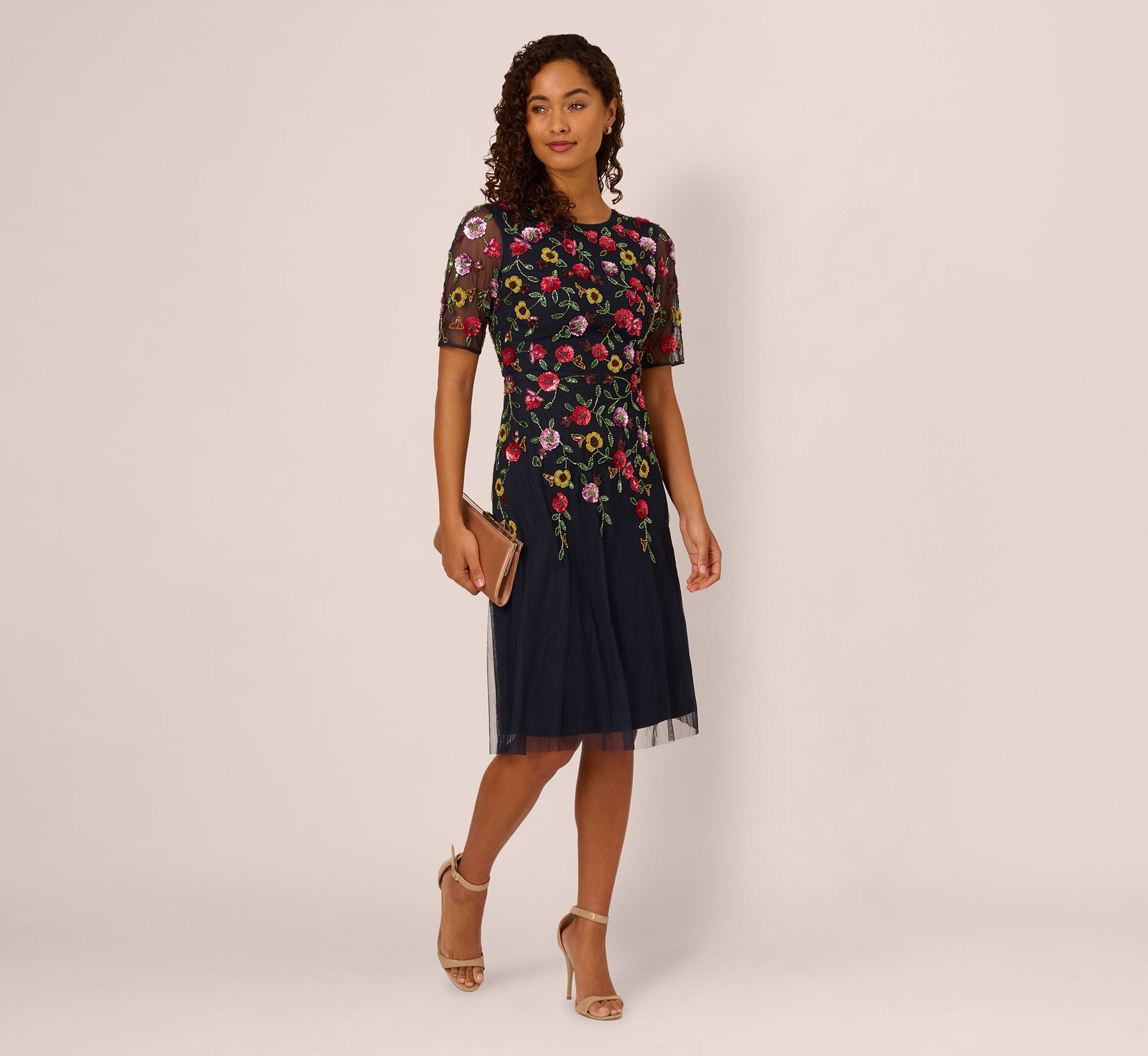 Navy Multi Adrianna Beaded Floral Midi Dress