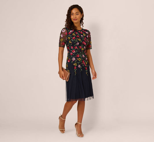 Navy Multi Adrianna Beaded Floral Midi Dress