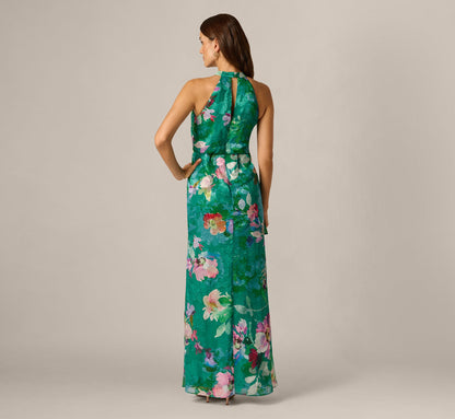 Green Multi Adrianna Floral Chiffon Halter Gown