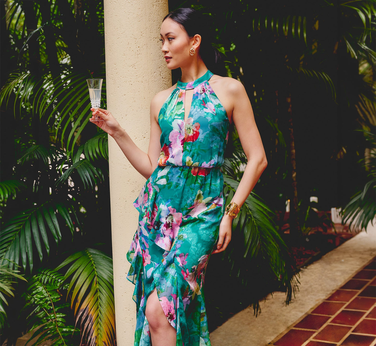 Green Multi Adrianna Floral Chiffon Halter Gown