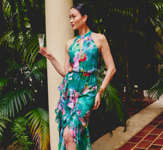 Green Multi Adrianna Floral Chiffon Halter Gown