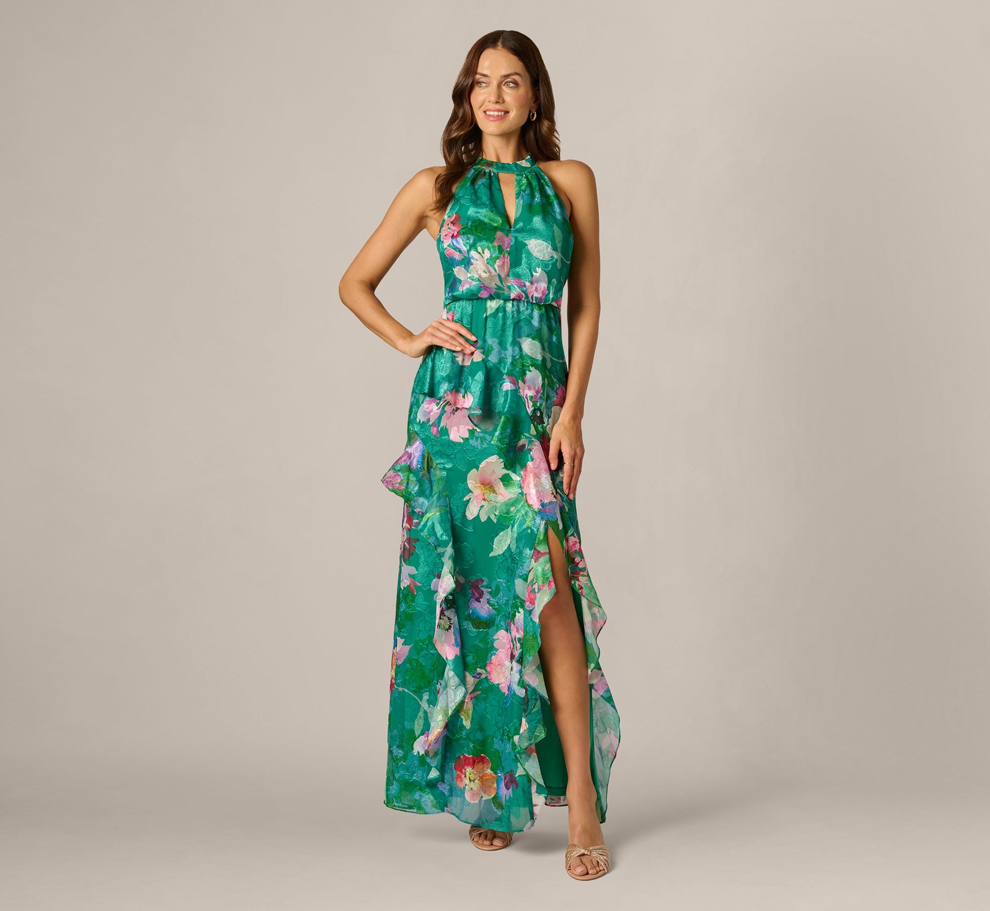 Green Multi Adrianna Floral Chiffon Halter Gown