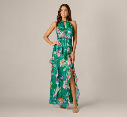 Green Multi Adrianna Floral Chiffon Halter Gown