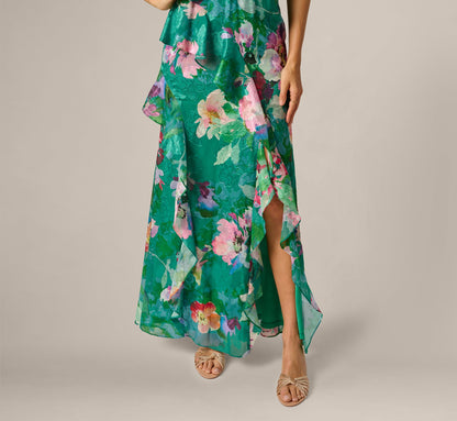 Green Multi Adrianna Floral Chiffon Halter Gown
