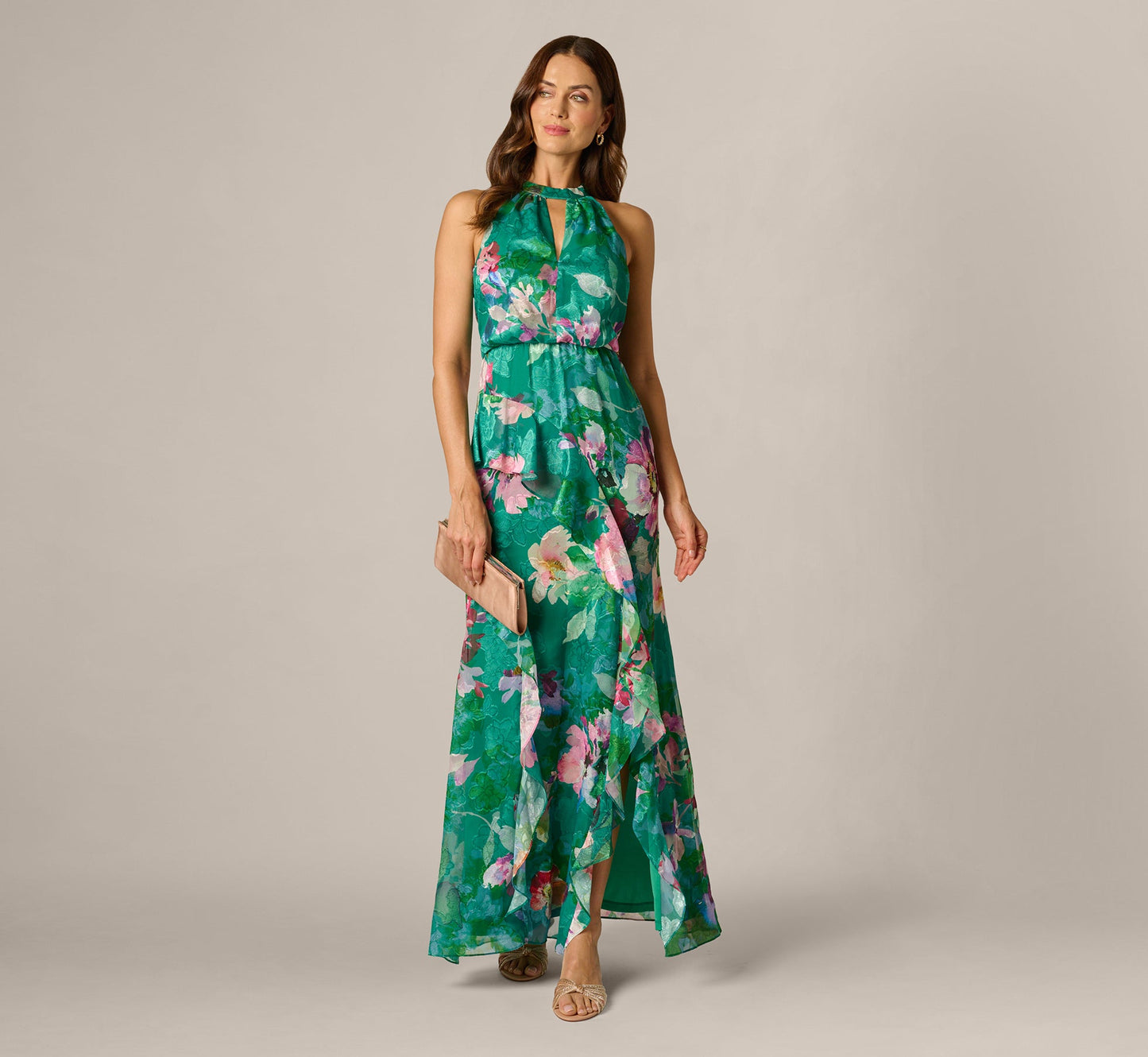 Green Multi Adrianna Floral Chiffon Halter Gown