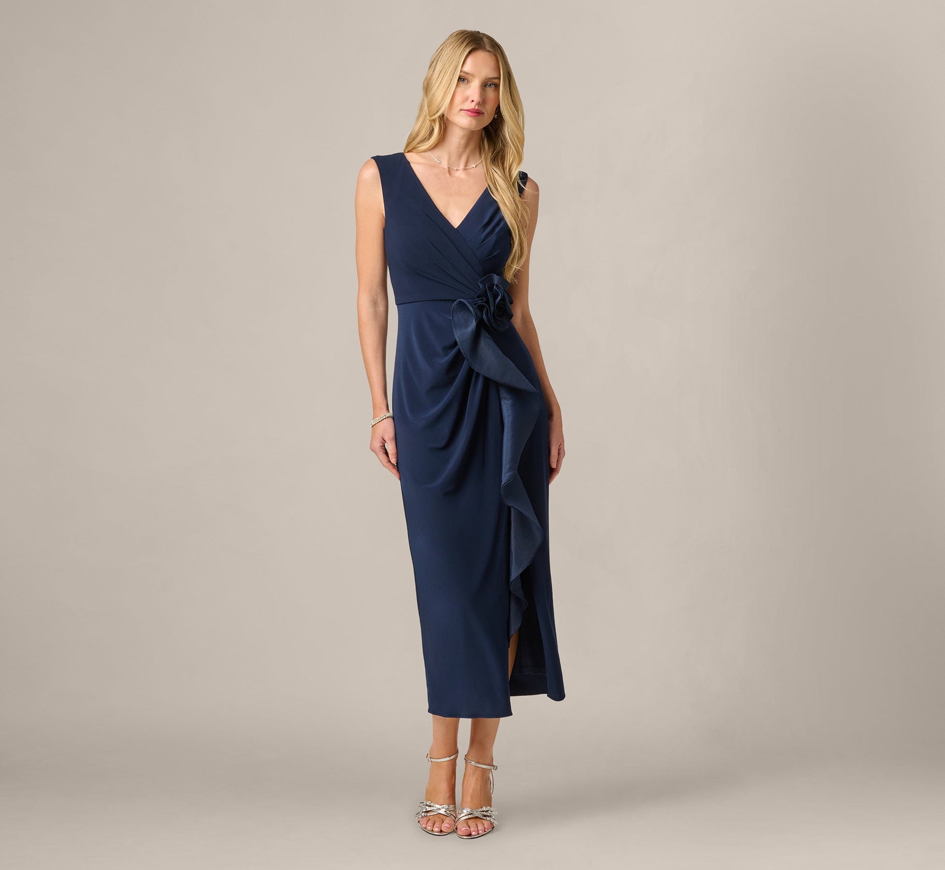 Midnight Adrianna Navy Rosette Wrap Dress