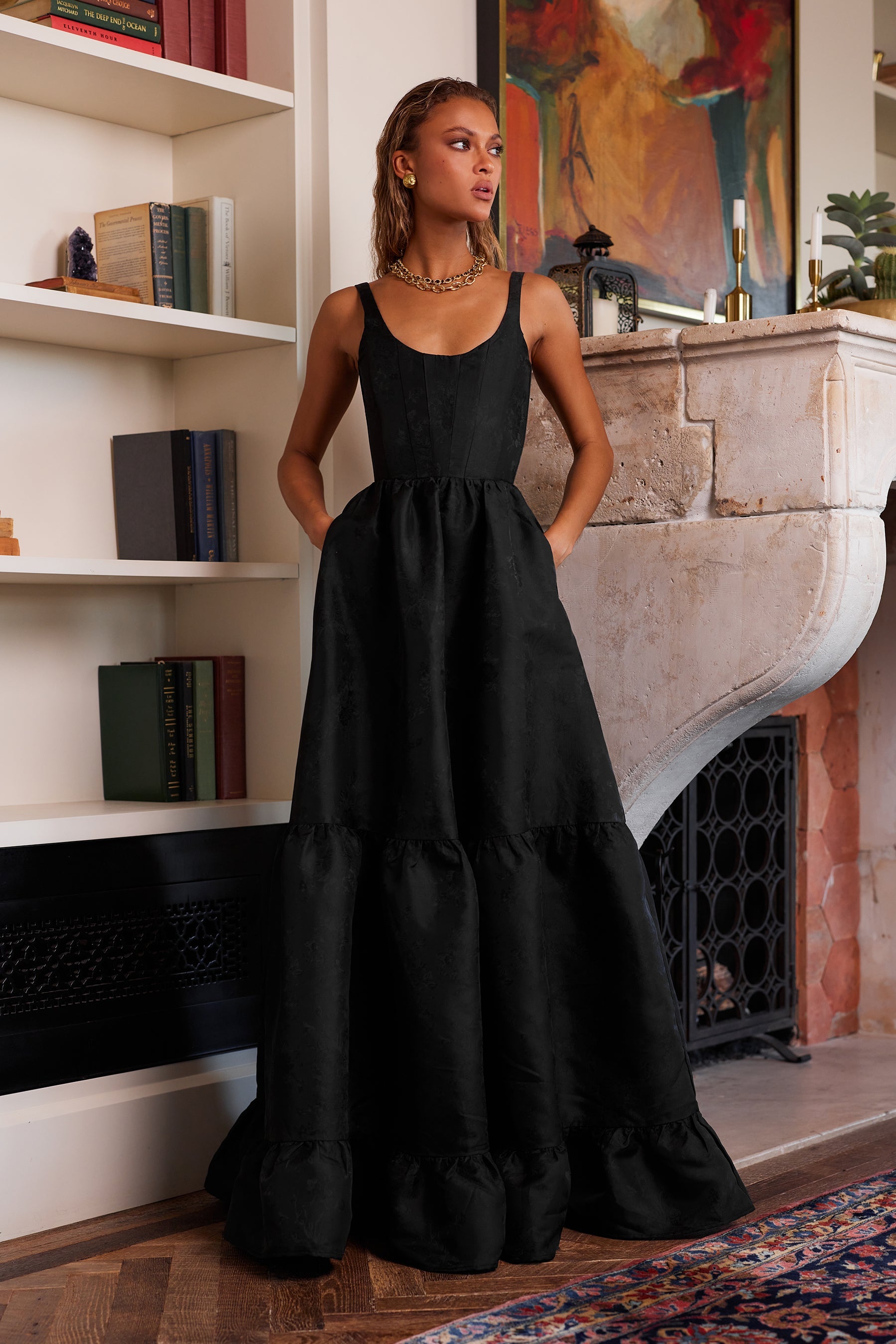 Black Windsor Brocade Avery Brocade Midi Dress