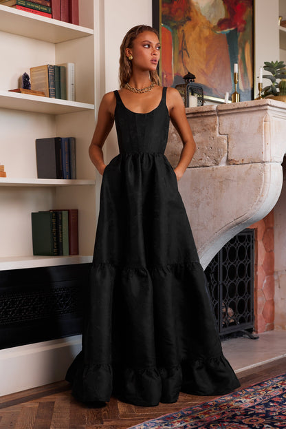 Black Windsor Brocade Avery Baroque Floral Dress in Emerald