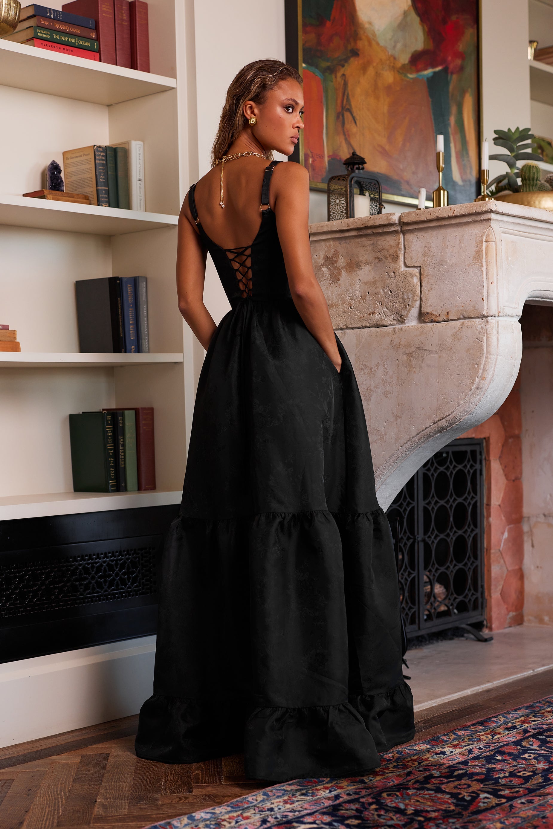 Black Windsor Brocade Avery Brocade Midi Dress