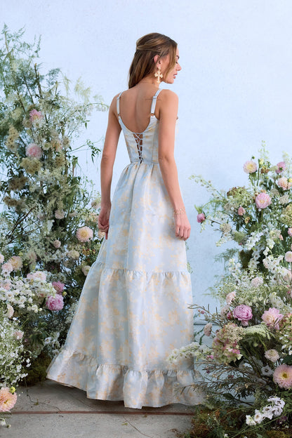 Sky Windsor Brocade Avery Baroque Floral Dress in Emerald