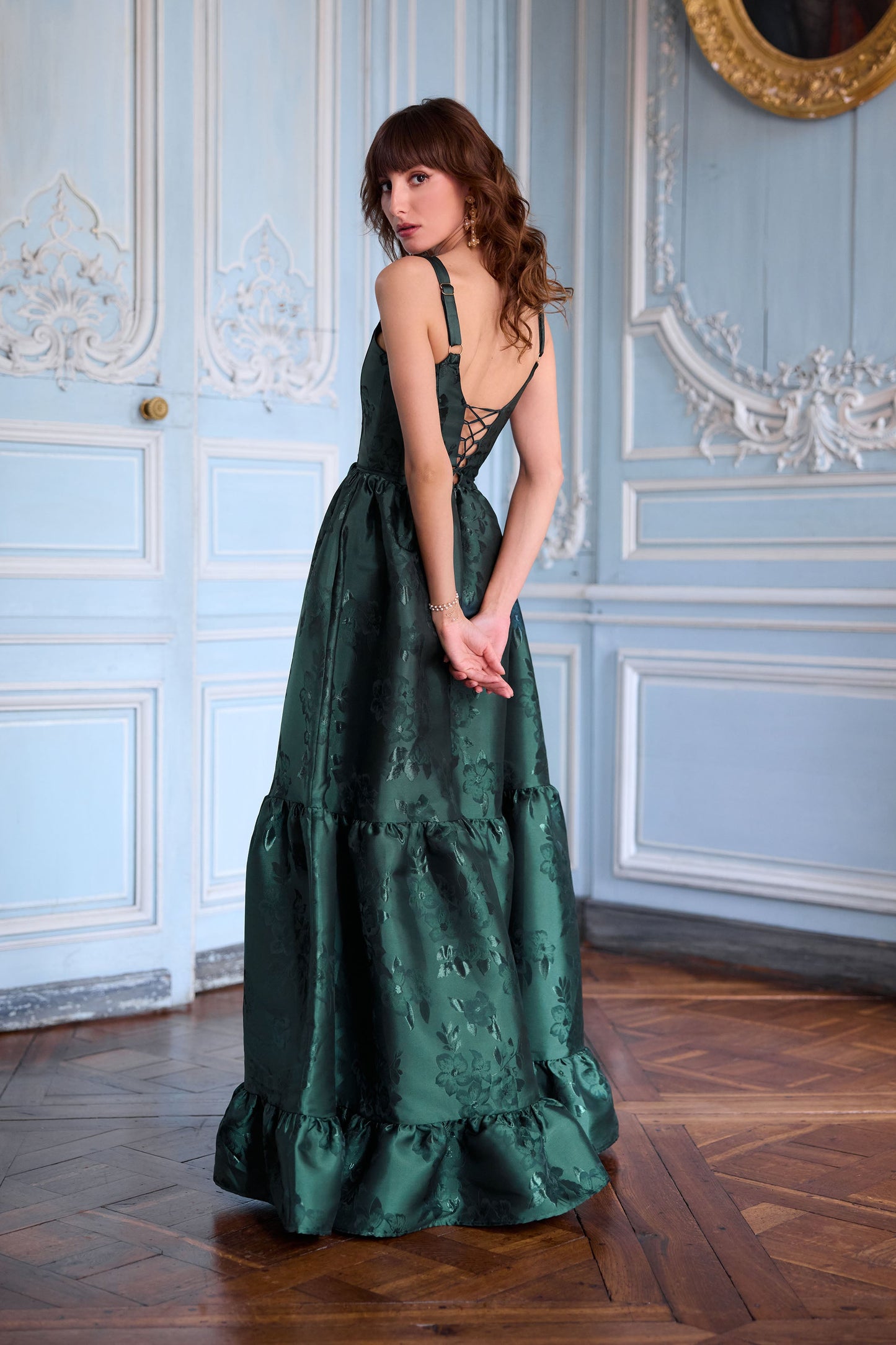 Emerald Baroque Floral Avery Brocade Midi Dress