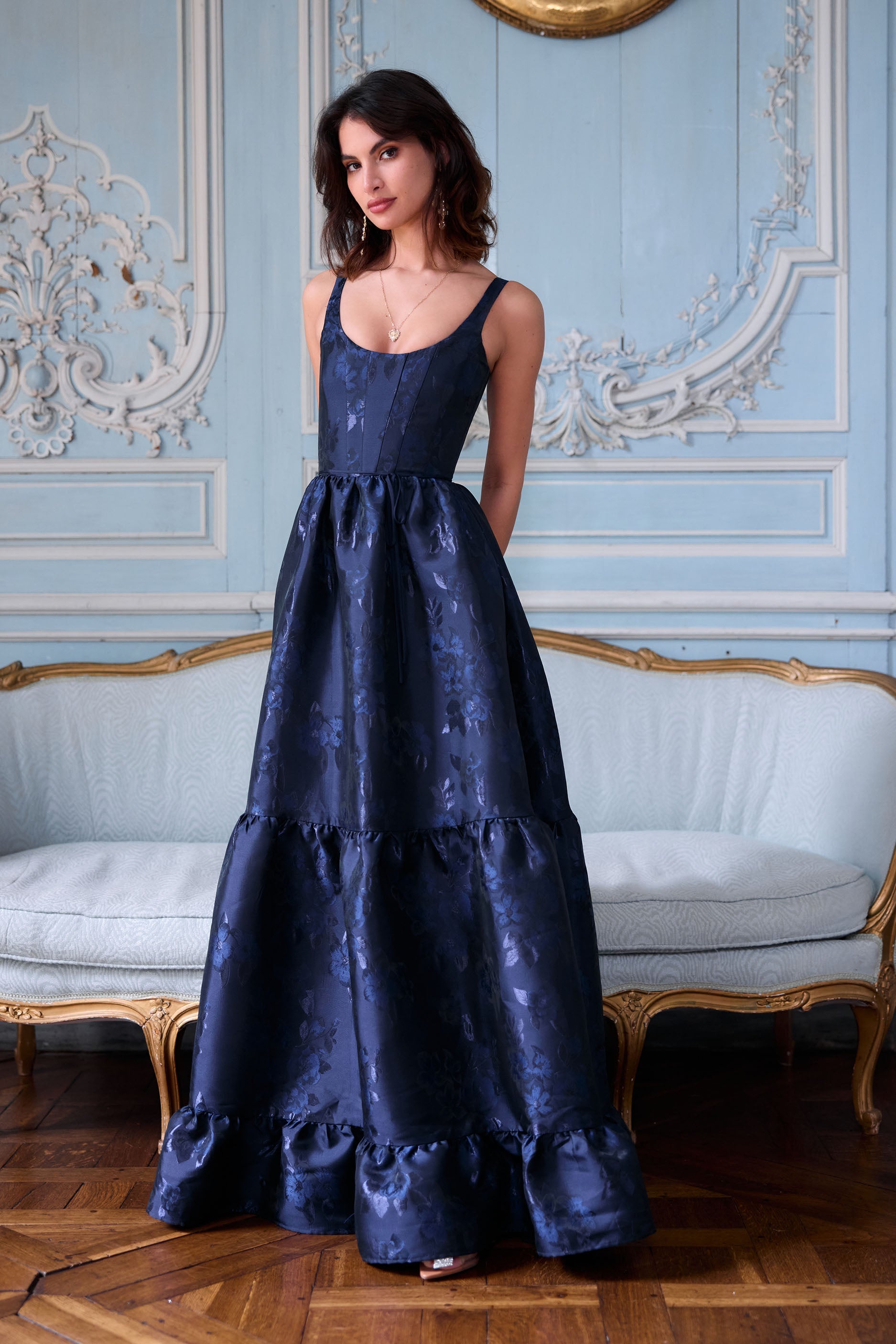 Navy Baroque Floral Avery Brocade Midi Dress