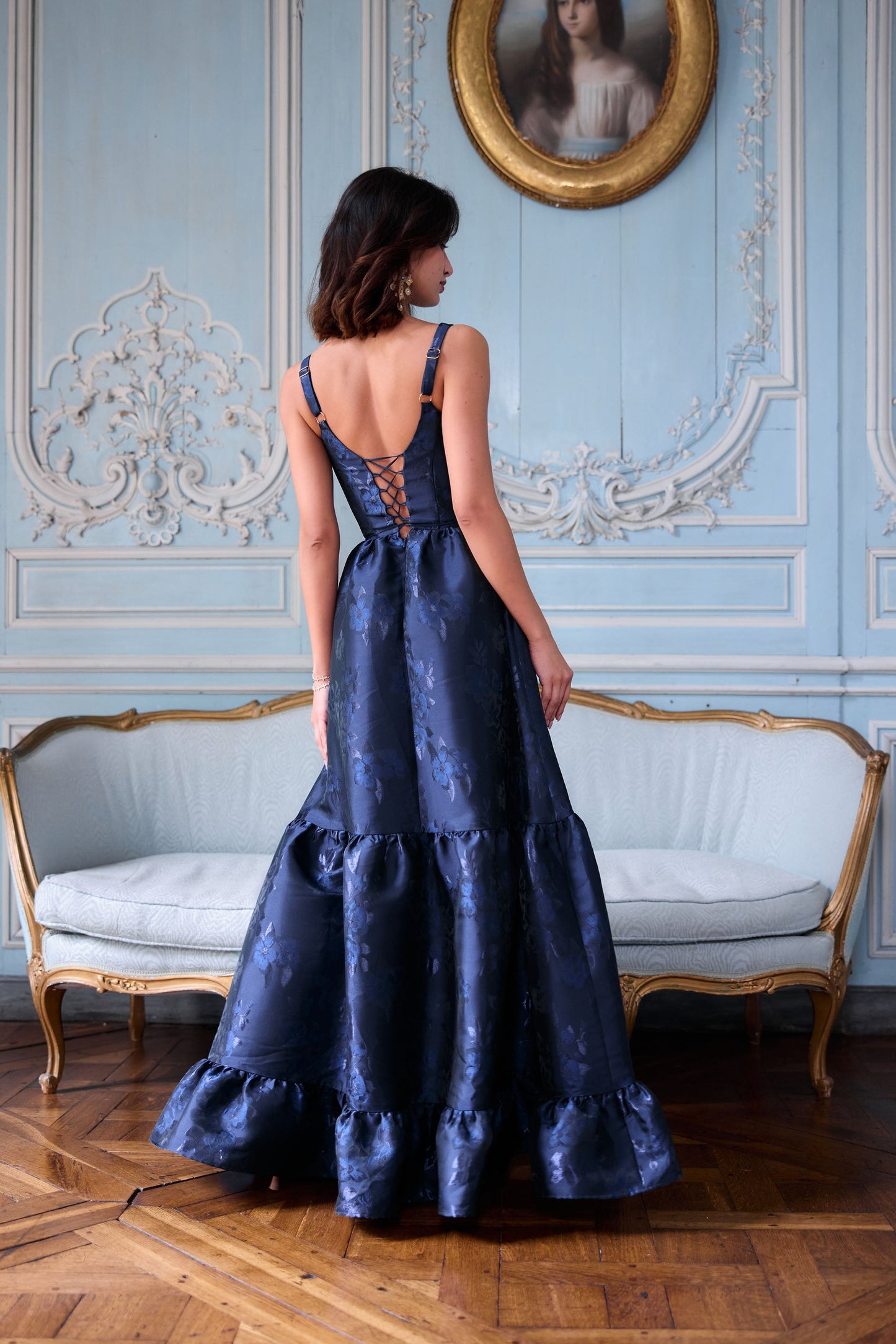 Navy Baroque Floral Avery Brocade Midi Dress