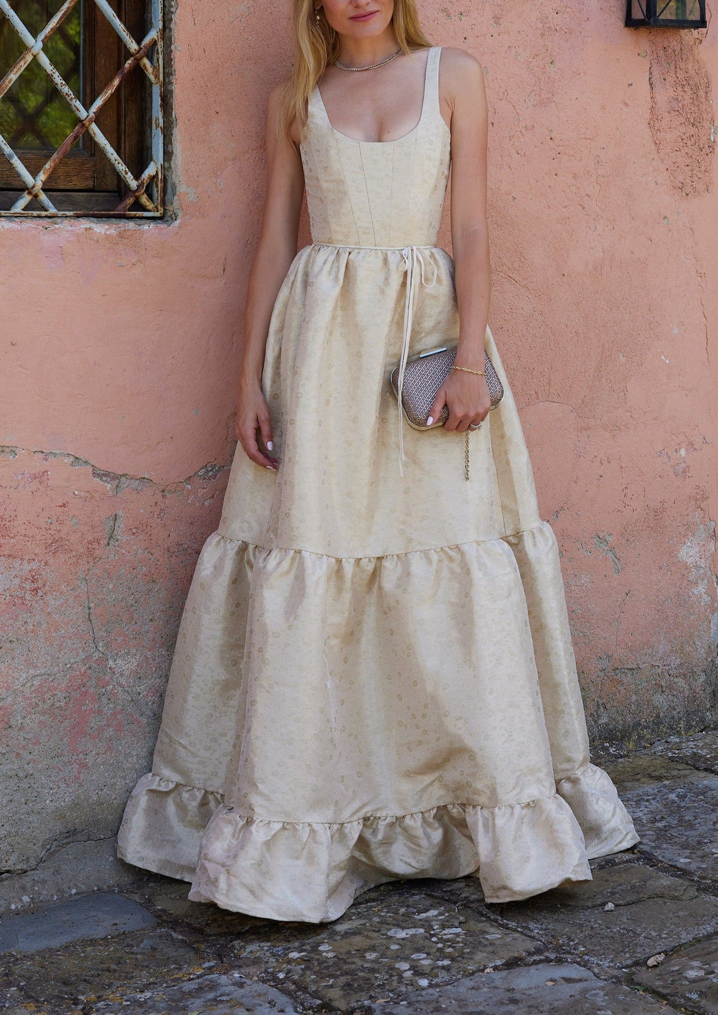 Taupe Duchess Avery Brocade Midi Dress