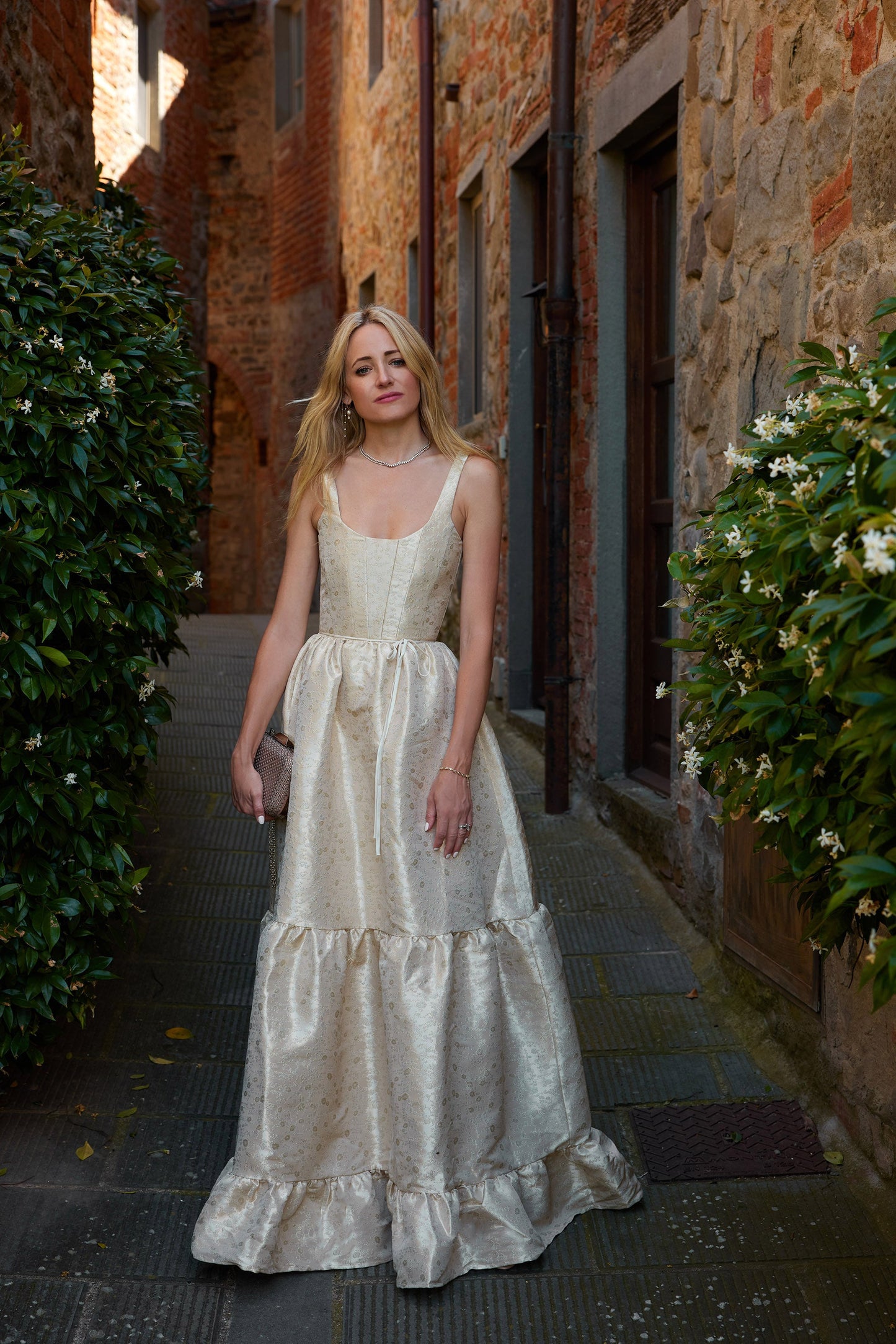 Taupe Duchess Avery Brocade Midi Dress
