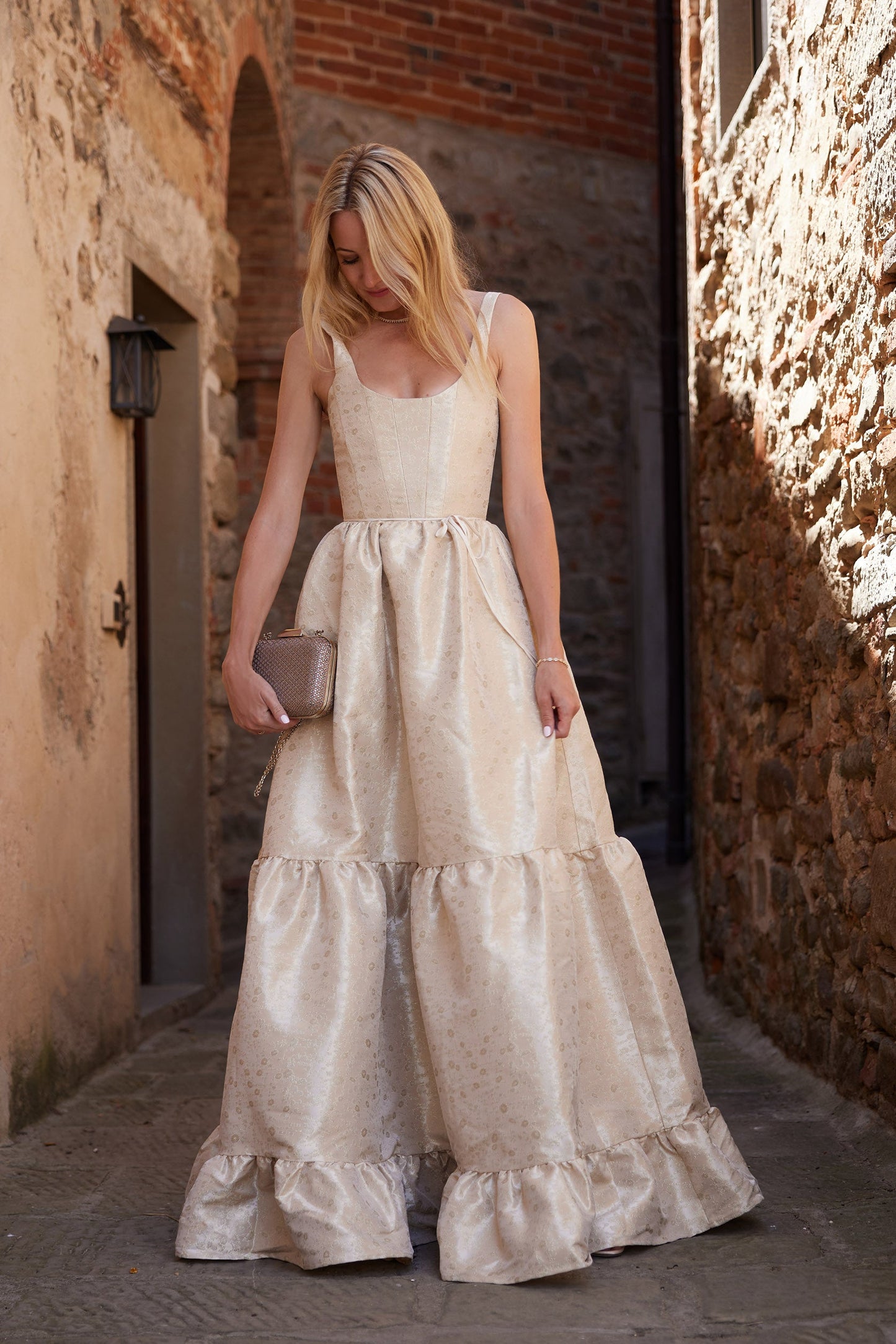 Taupe Duchess Avery Baroque Floral Dress in Emerald