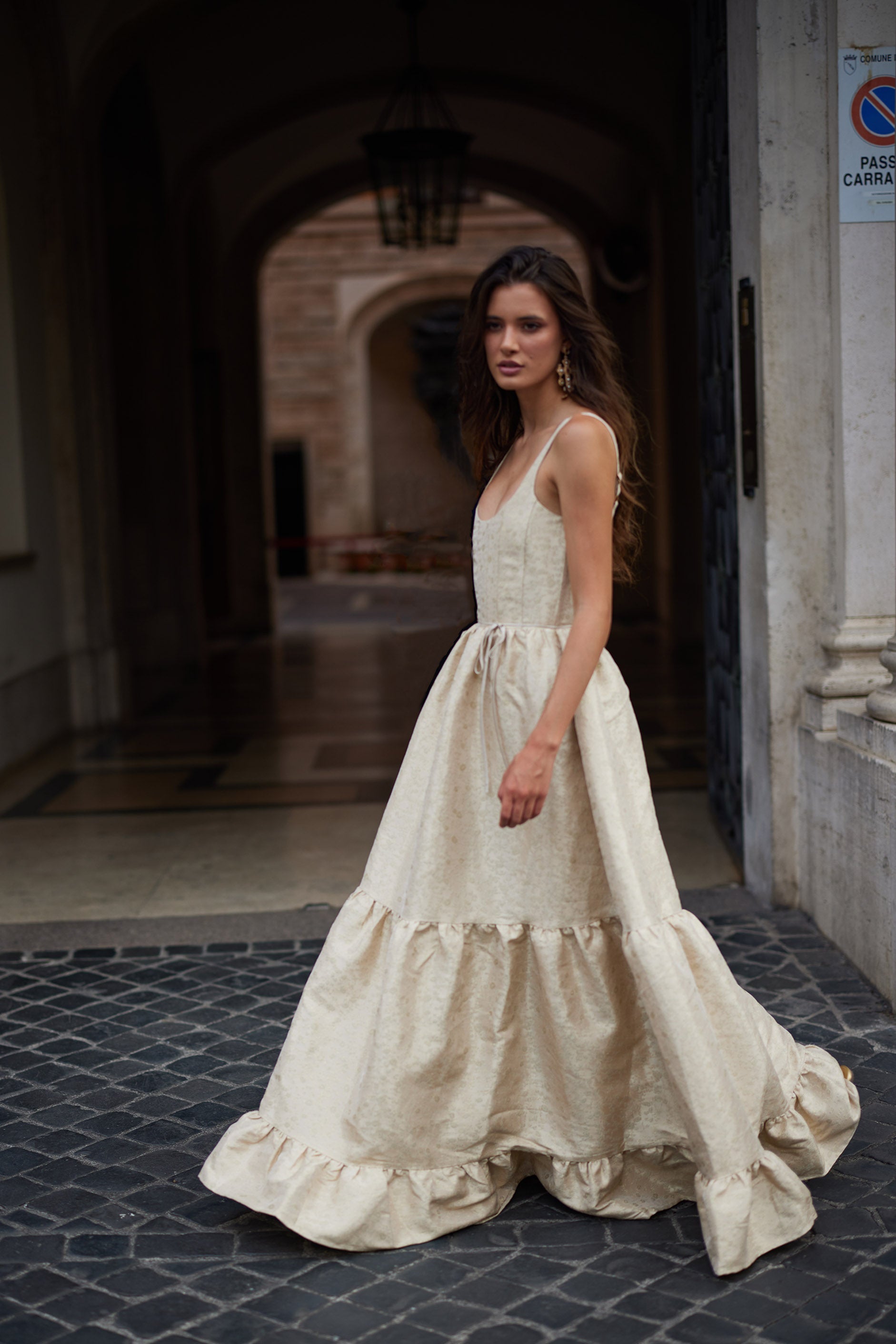 Taupe Duchess Avery Brocade Midi Dress