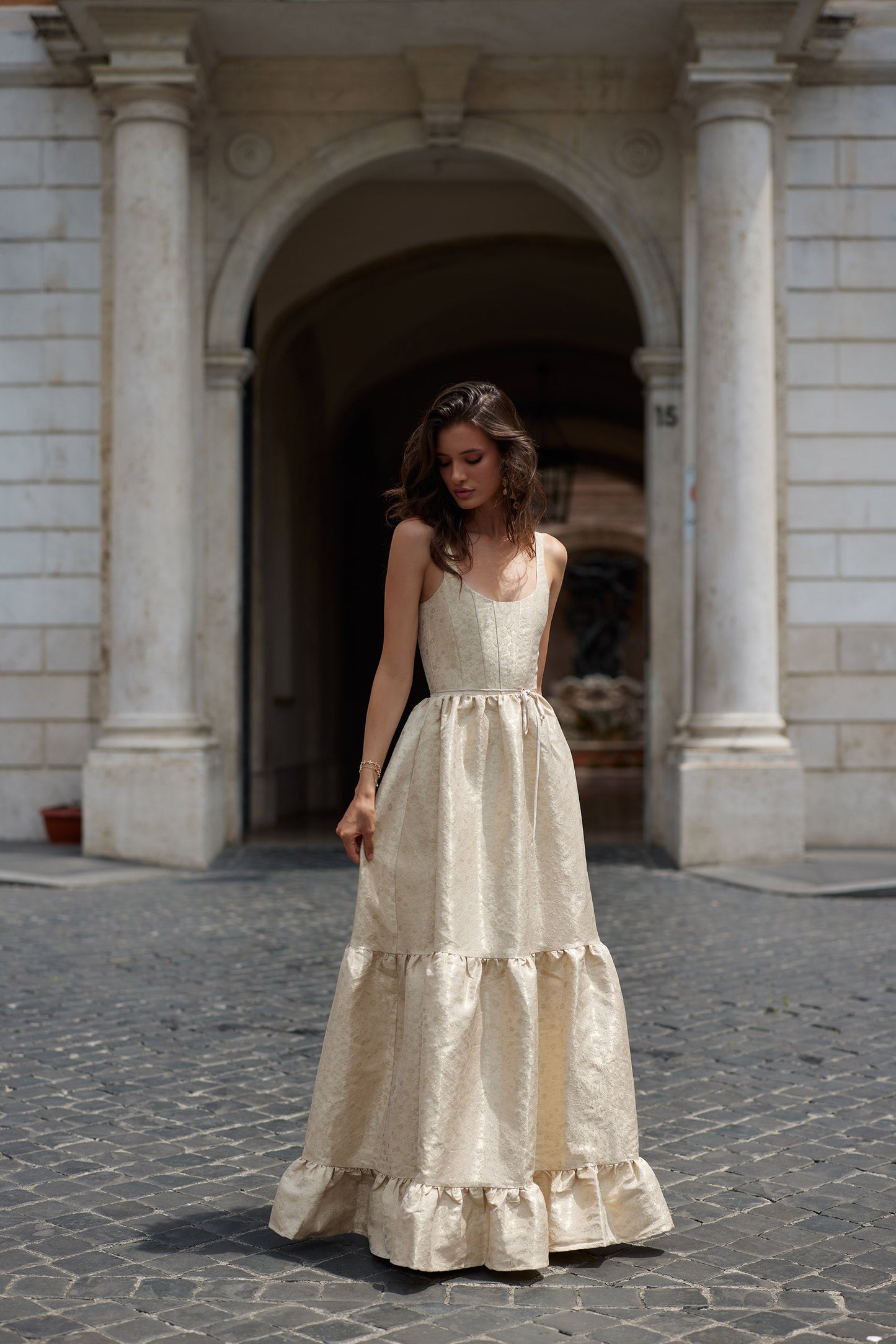 Taupe Duchess Avery Brocade Midi Dress