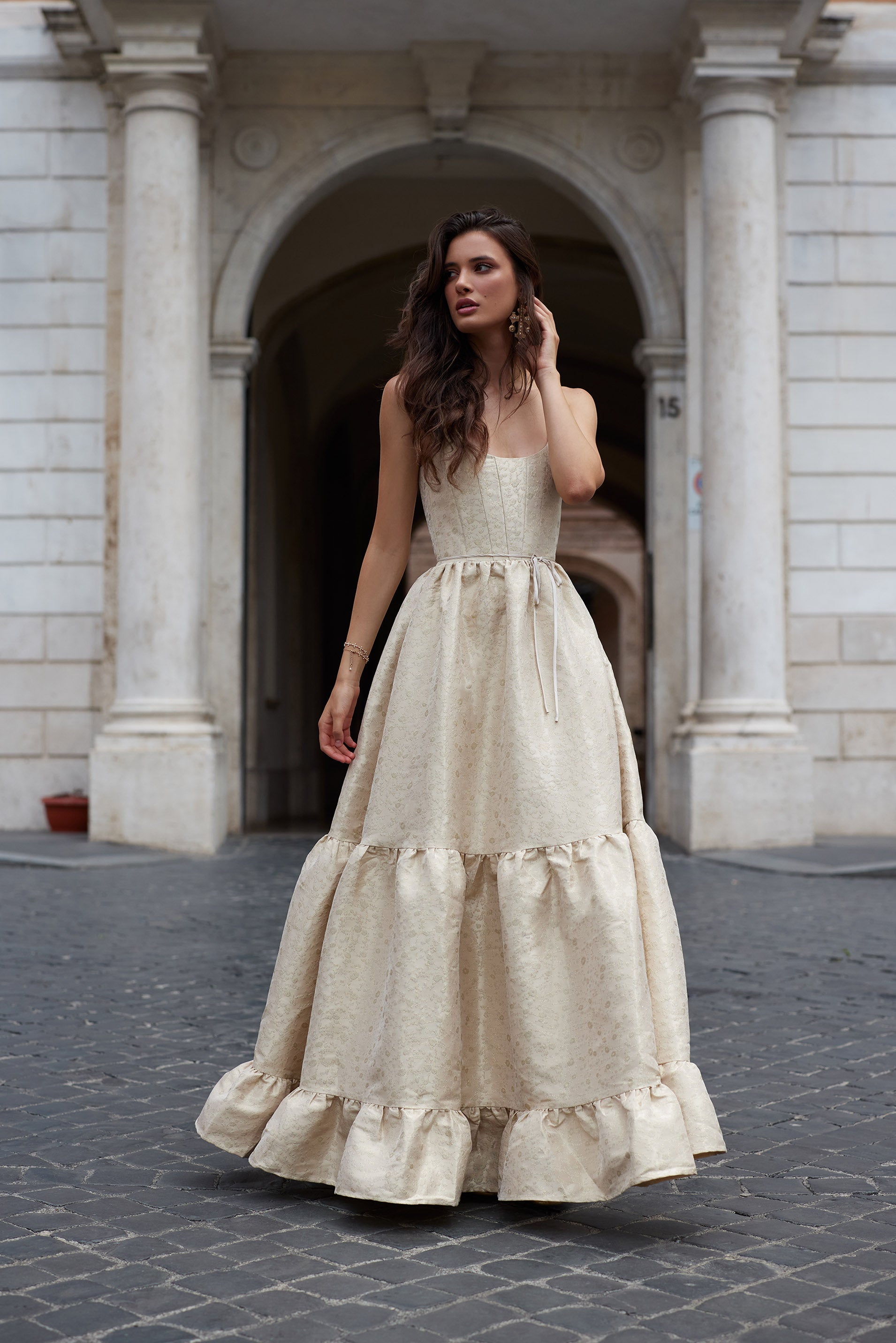 Taupe Duchess Avery Baroque Floral Midi Dress