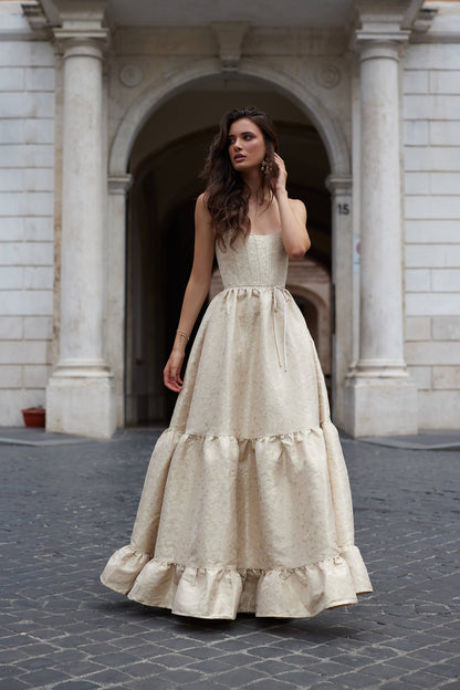 Taupe Duchess Avery Baroque Floral Midi Dress
