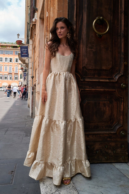 Taupe Duchess Avery Brocade Midi Dress