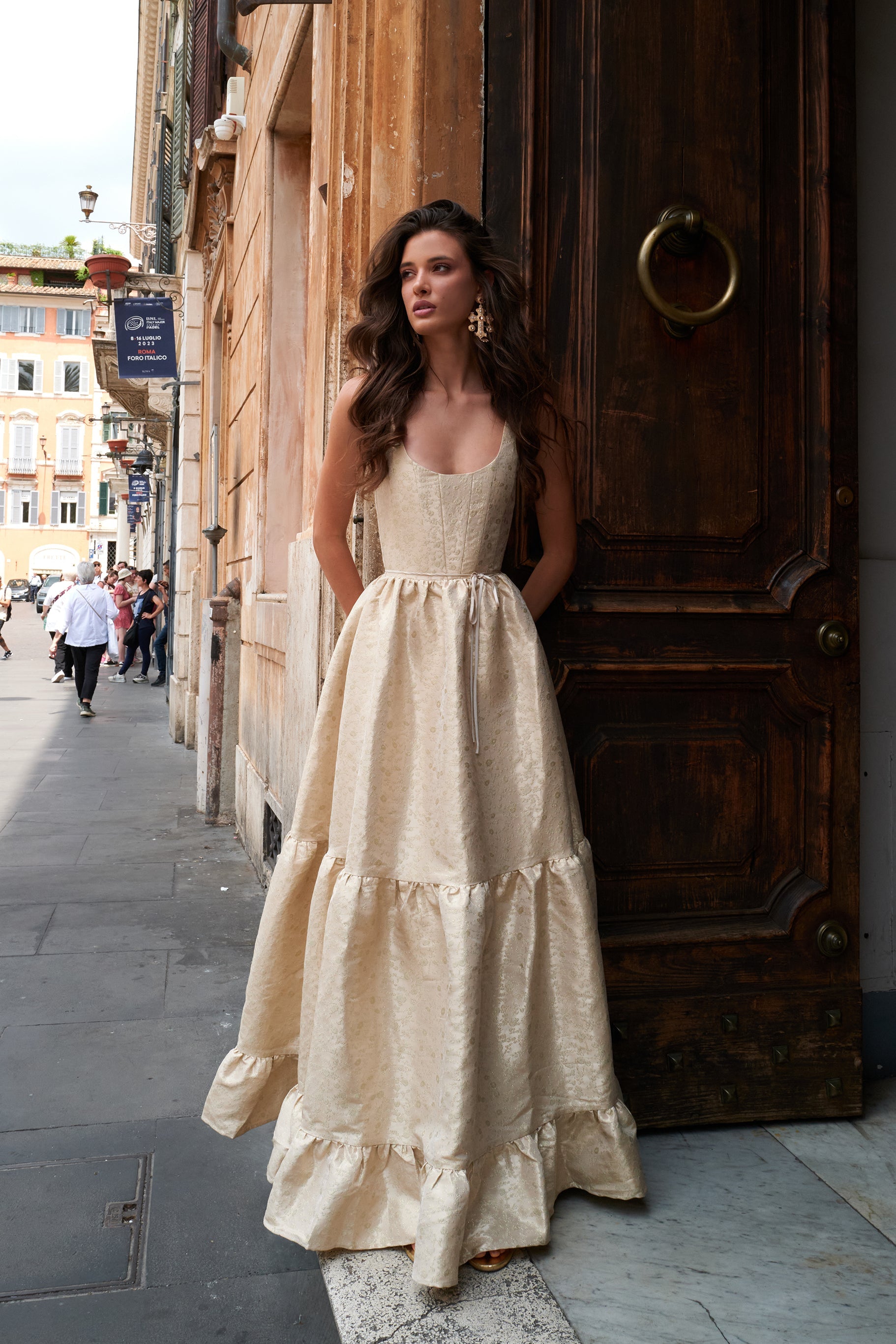 Taupe Duchess Avery Brocade Midi Dress