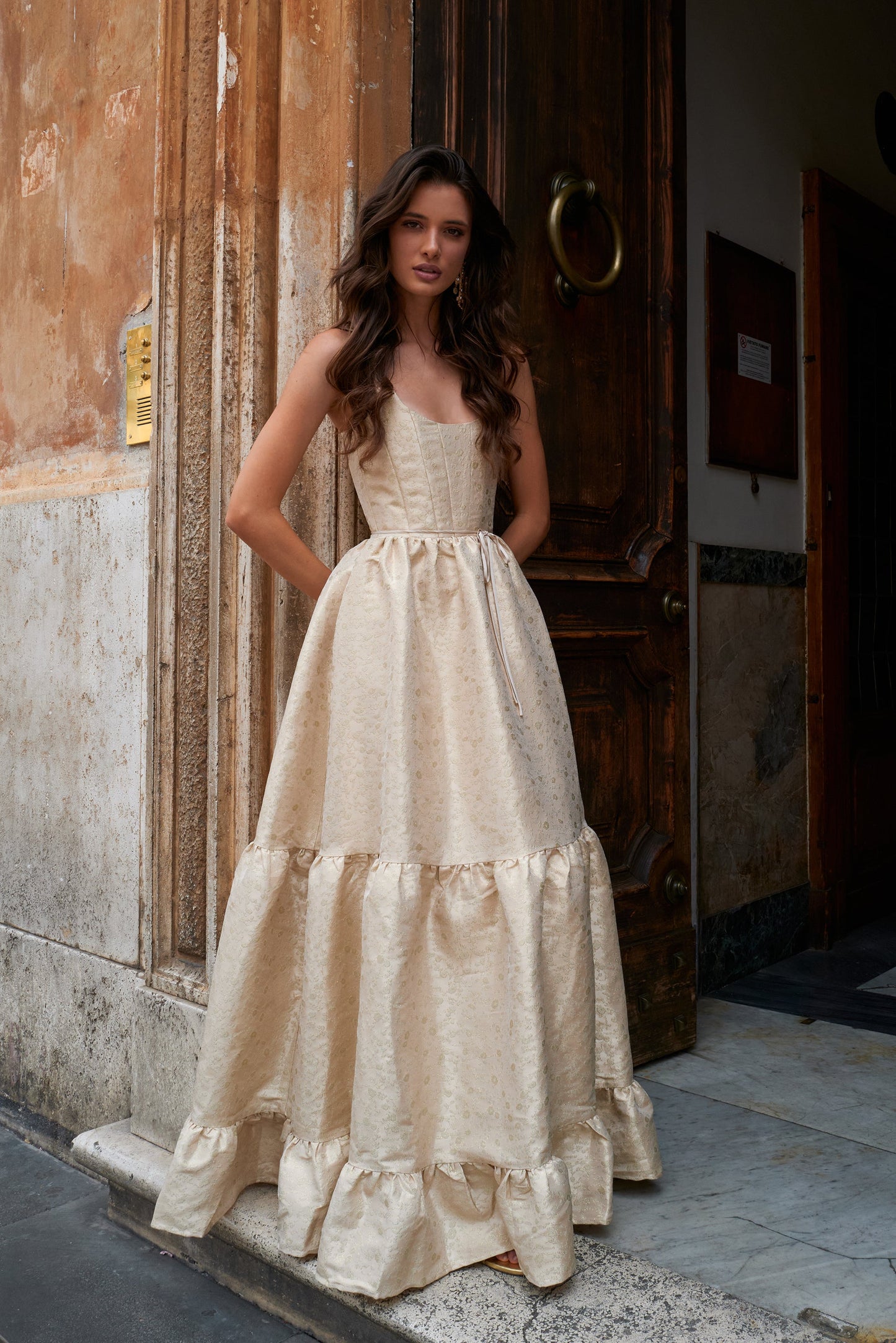 Taupe Duchess Avery Brocade Midi Dress
