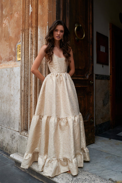 Taupe Duchess Avery Brocade Midi Dress