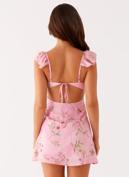 Pink Floral Print Adrina Ruffle Mini Dress in Pink Floral