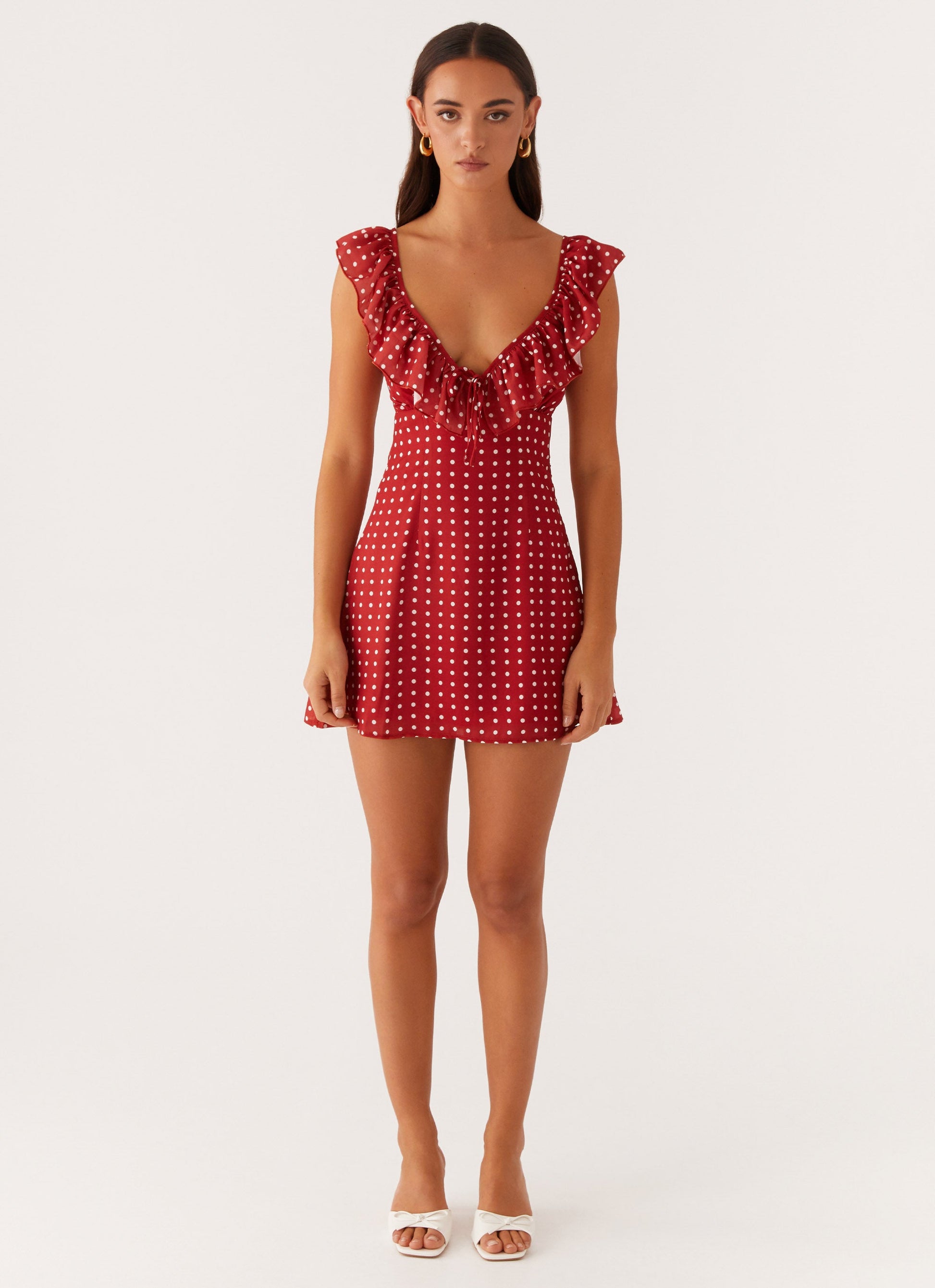Red Polka Dot Adrina Ruffle Mini Dress in Pink Floral