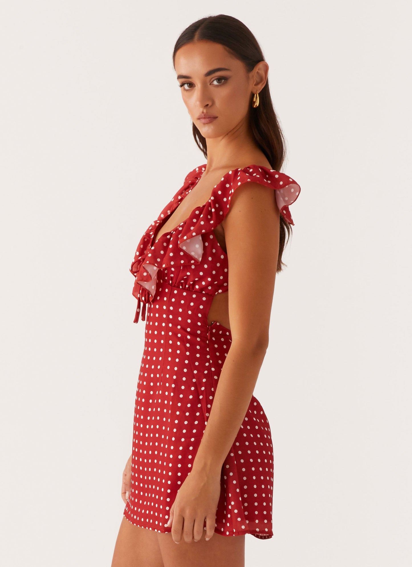 Red Polka Dot Adrina Ruffle Mini Dress in Pink Floral