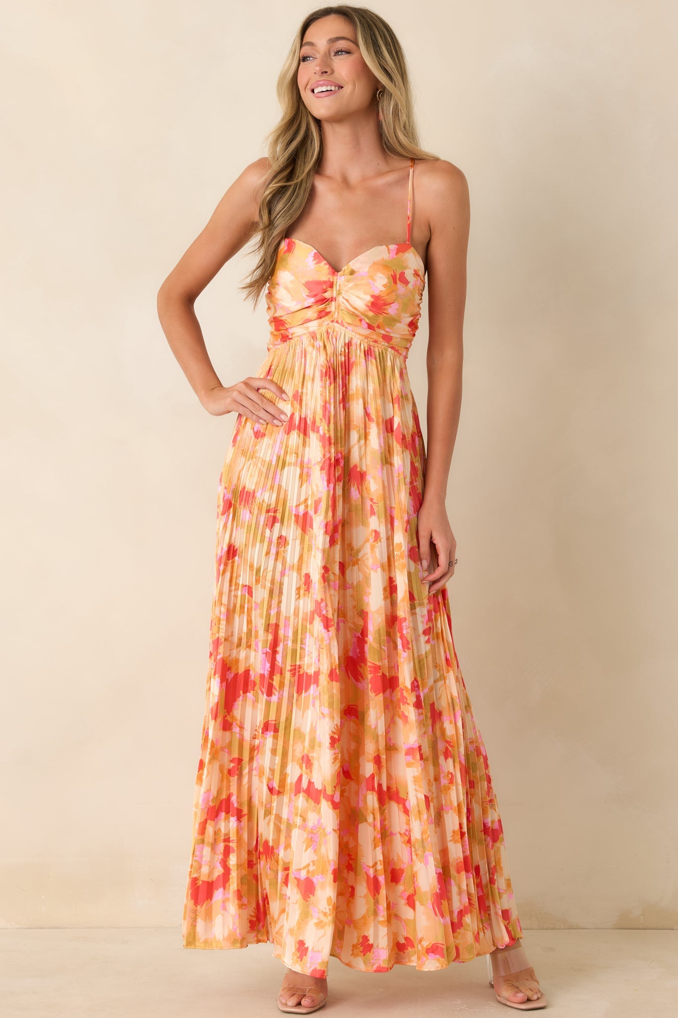 Sunshine Peach & Red Multi Satin Finish Pleated Maxi Dress Aurelia Painted Satin Pleated Maxi Dress