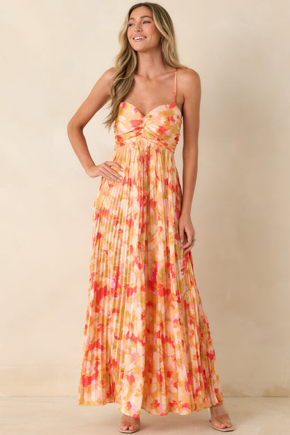 Sunshine Peach & Red Multi Satin Finish Pleated Maxi Dress Aurelia Painted Satin Pleated Maxi Dress