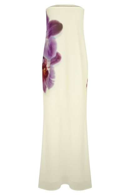 Ivory Koi Orchid Print Amaya Strapless Chiffon Maxi Dress