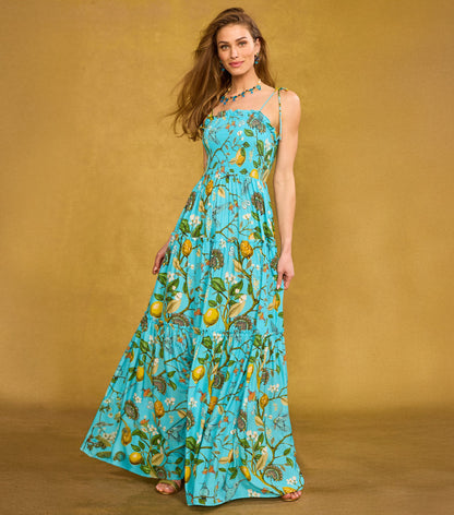 Flora Turquoise Hummingbird Print Annabelle Flora Maxi Dress