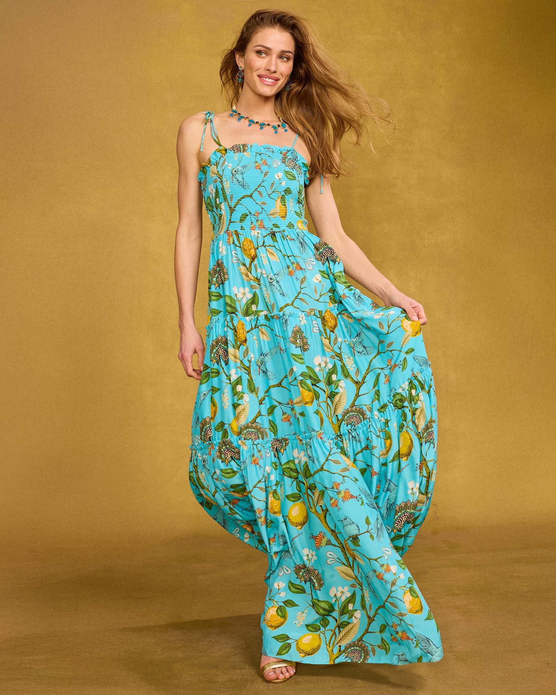 Flora Turquoise Hummingbird Print Annabelle Flora Maxi Dress