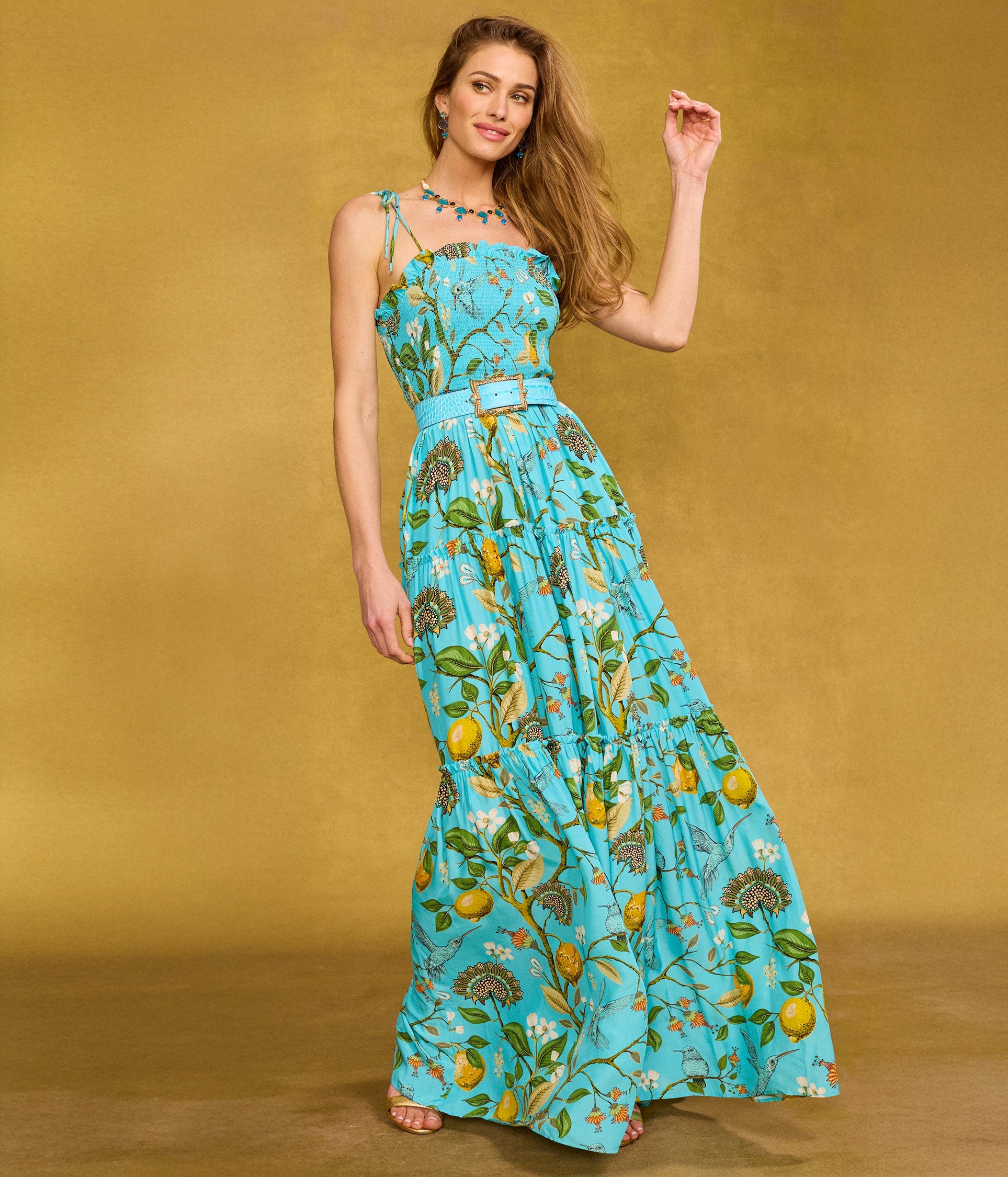 Flora Turquoise Hummingbird Print Annabelle Flora Maxi Dress