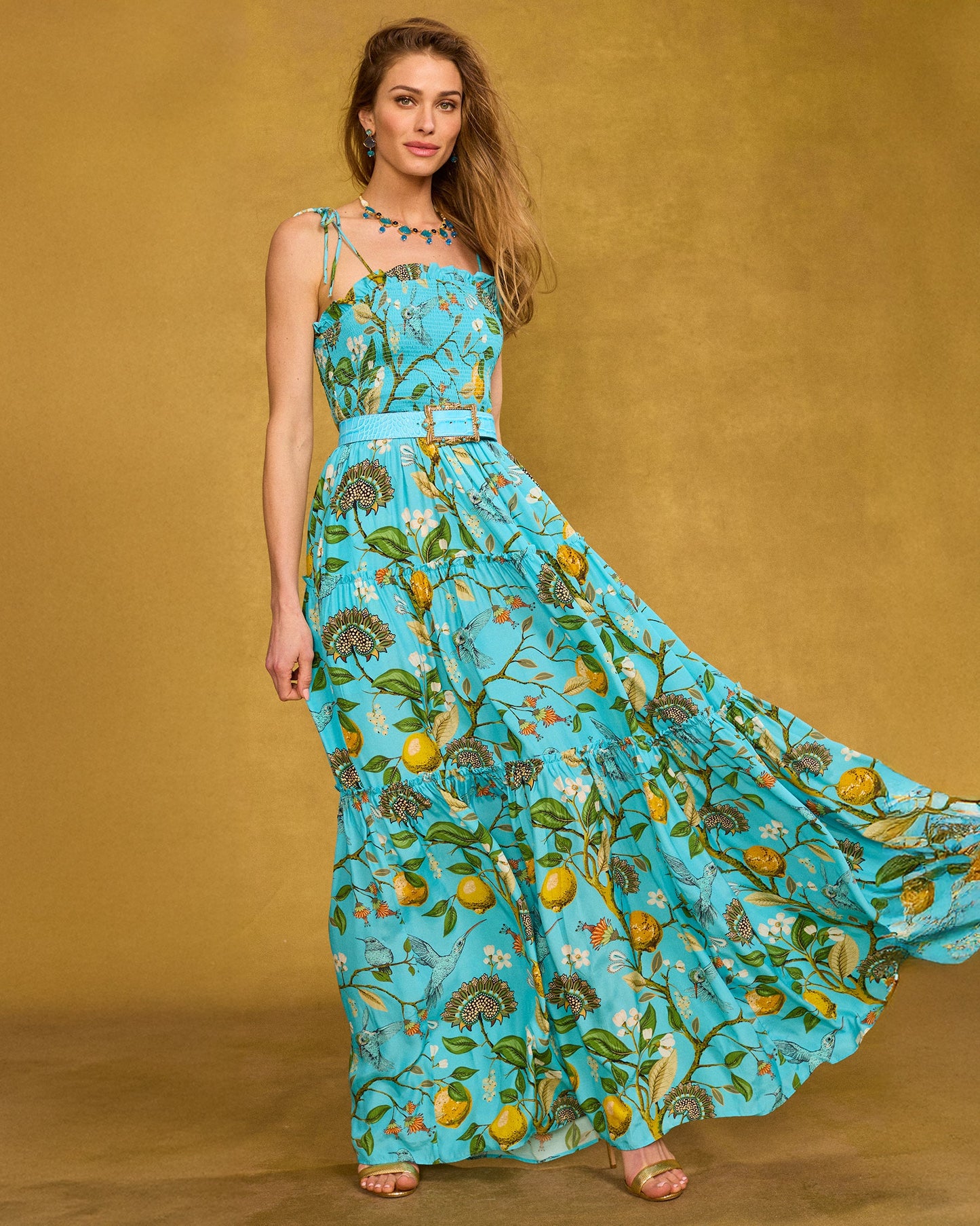 Flora Turquoise Hummingbird Print Annabelle Flora Maxi Dress