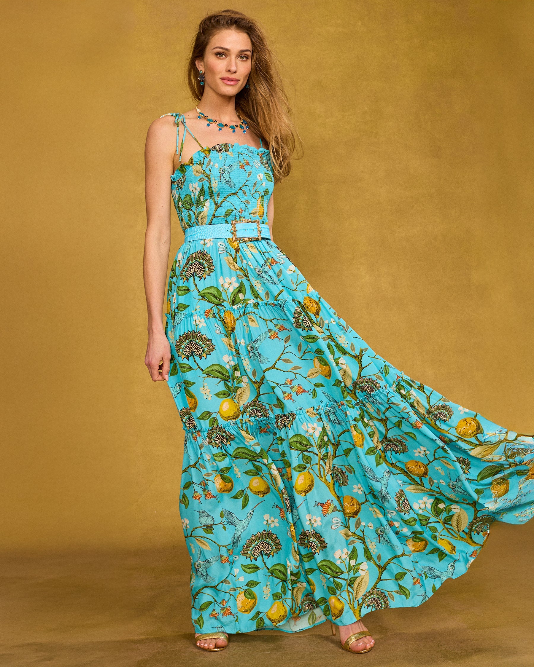 Flora Turquoise Hummingbird Print Annabelle Flora Maxi Dress