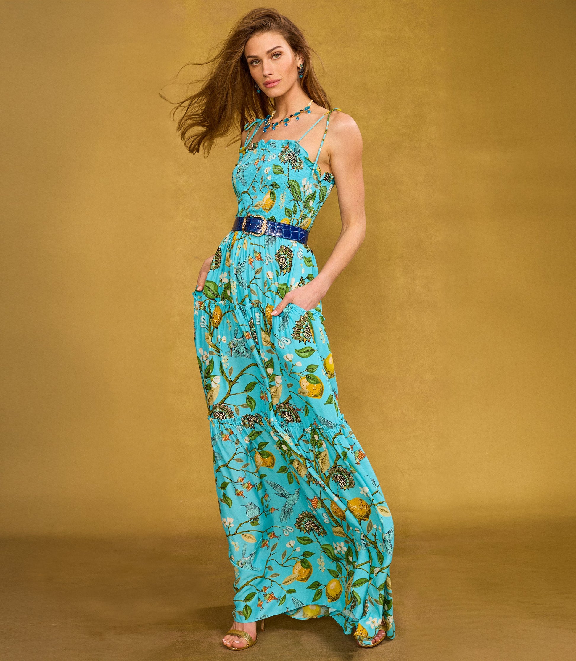 Flora Turquoise Hummingbird Print Annabelle Flora Maxi Dress