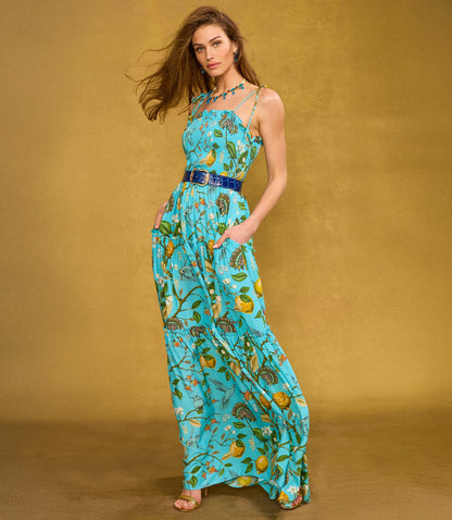 Flora Turquoise Hummingbird Print Annabelle Flora Maxi Dress